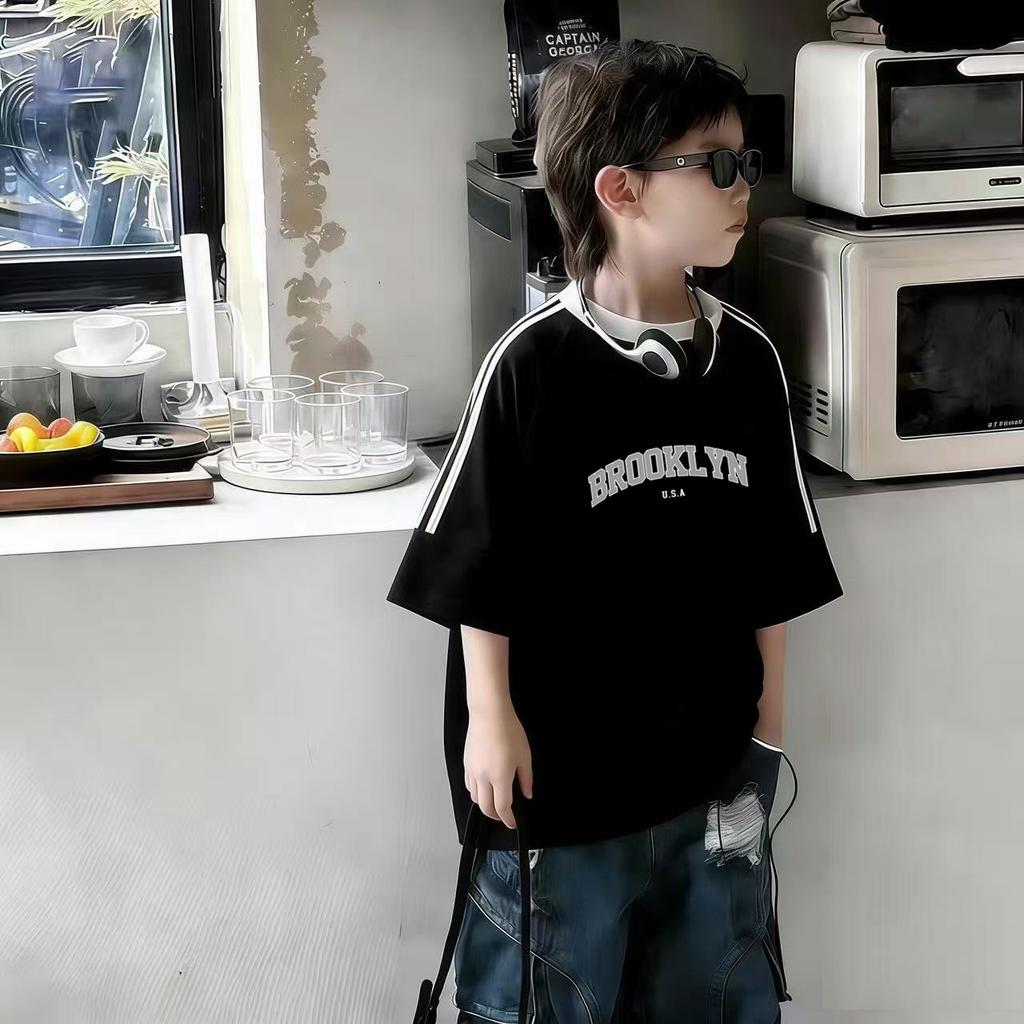 Boys Summer Cotton Short Sleeve T Shirt Letter Print Three Stripes Trendy Casual Top For Big Kids