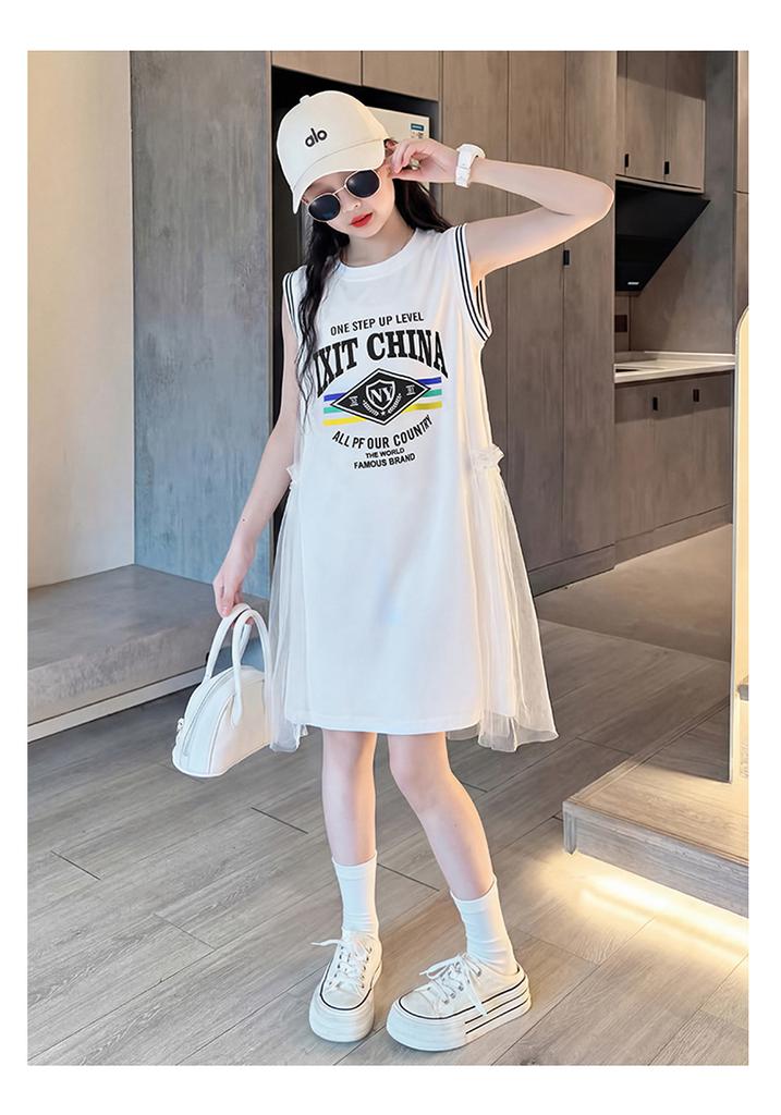 2026 Summer New Mid University Children's White Dress, Girls' Elegant Princess Dress, Girls' Summer Dress, Mesh Skirt