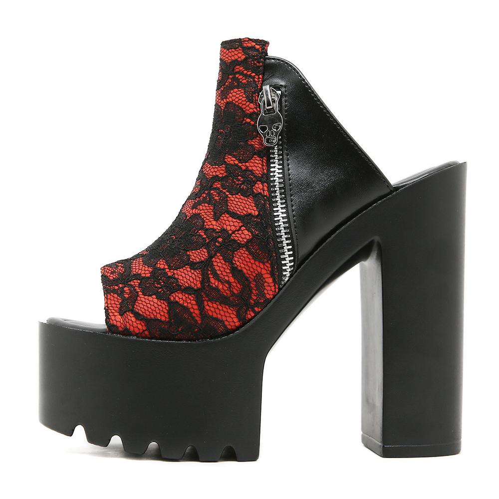 Gdgydh Escarpins Chaussures Cosplay pour Femmes Mode Fermeture Éclair Plateforme Mules Bout Ouvert Bouche de Poisson Patchwork Rouge Sandales à Talons Été