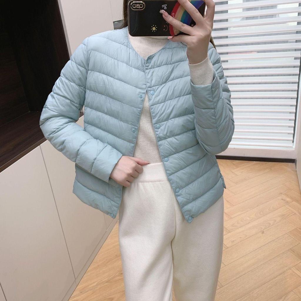 Women's 90% White Duck Down Lightweight Short Jacket - Round Neck, Solid Color, Warm and Collarless for Autumn/Winter