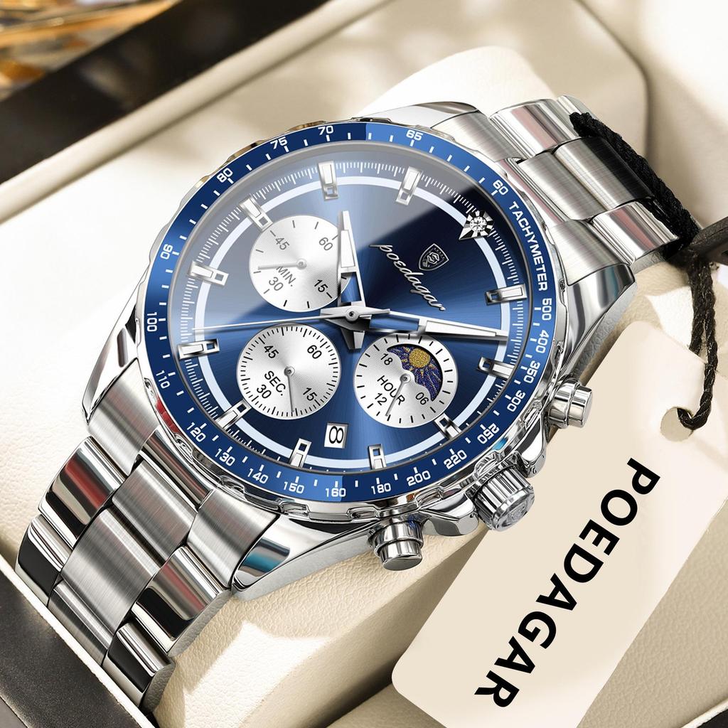 POEDAGAR Luxury Sport Watch For Men Waterproof Luminous Date Chronograph Man Wristwatch Stainless Steel Men's Quartz Watches