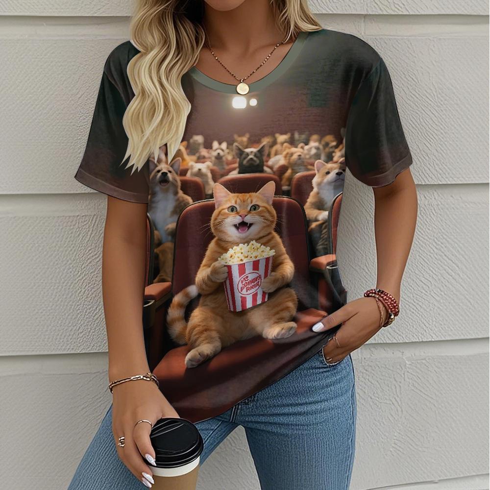 

Летняя женская футболка Кошка смотрит фильм 3D-печать Мода Повседневная Уличная Женская Одежда Оверсайз 3XL