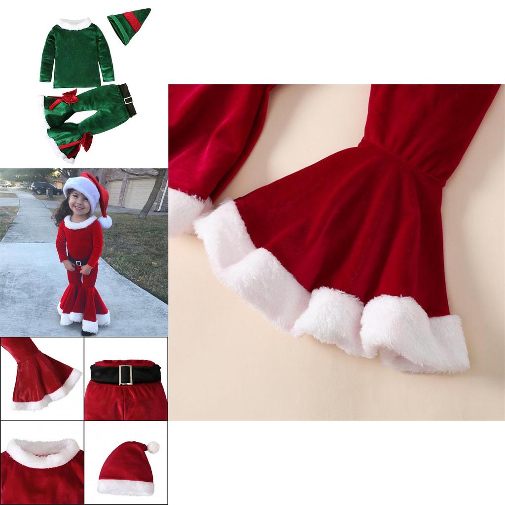 Festive Christmas Kids Girls Plush Flared Pants Suit With Santa Hat Tree Hat