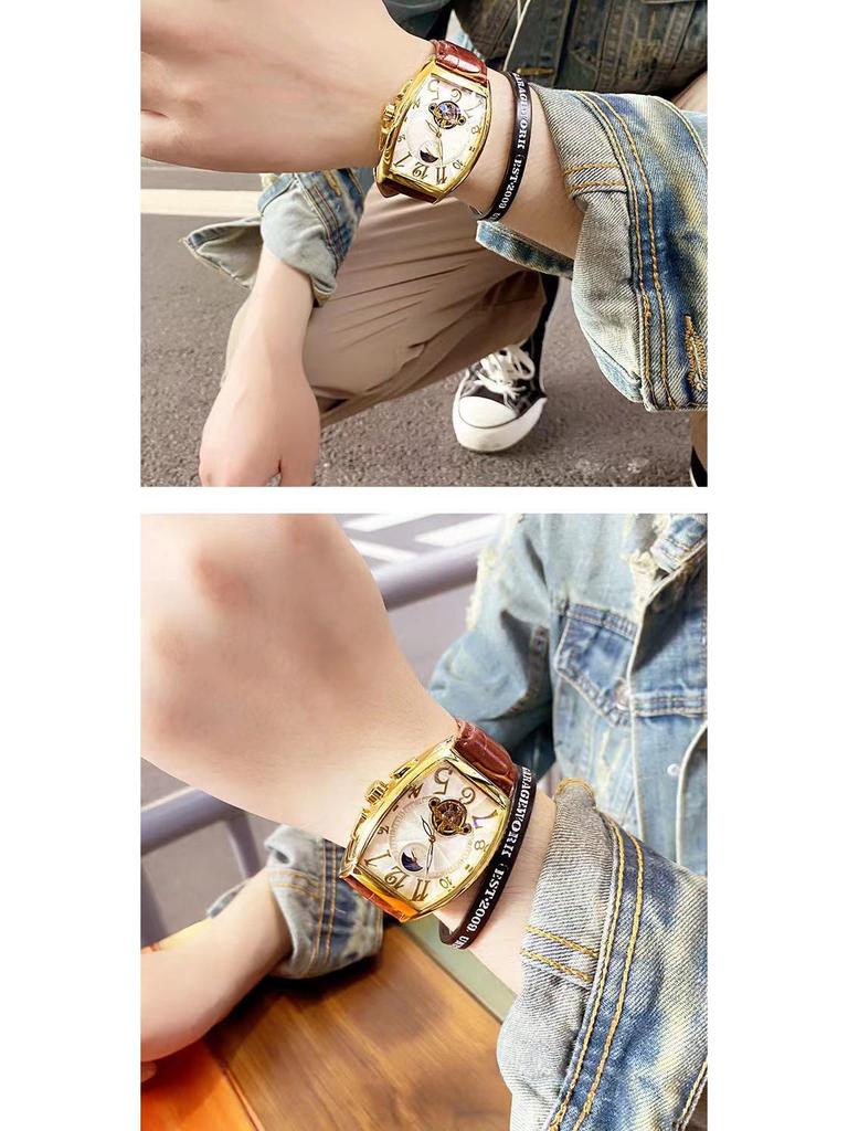 Men's Waterproof Barrel-Shaped Mechanical Leather Watch - Unique Design for Stylish Men