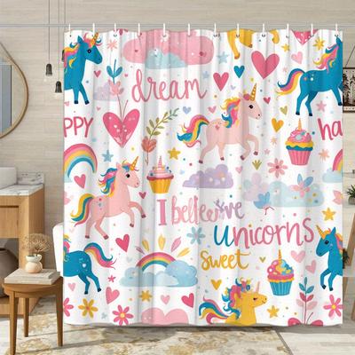 1pc Pastel Unicorns and Cupcakes Shower Curtain Polyester Fabric Bathroom Decor Featuring Unicorns, Cupcakes, Rainbows, Clouds,