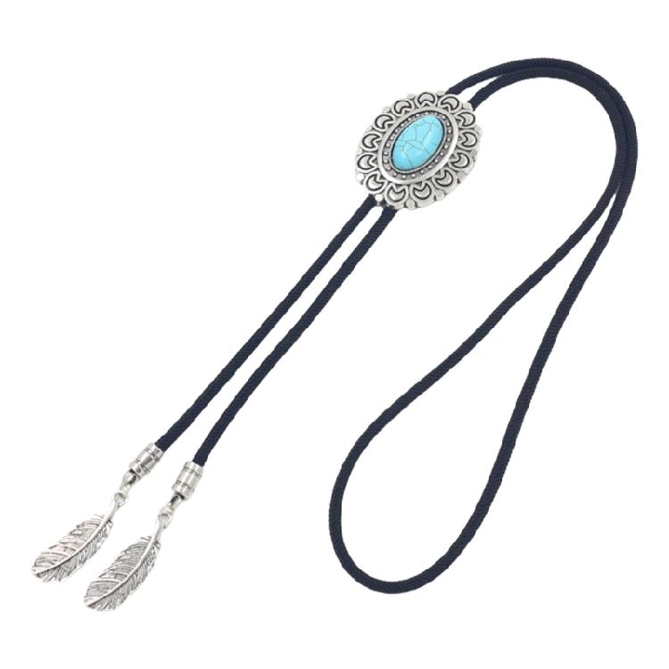 

Bolo Tie for Men and Women Western Fashion Accessory with Metal Flower Turquoises Stone Accent Braided Necktie Necklace