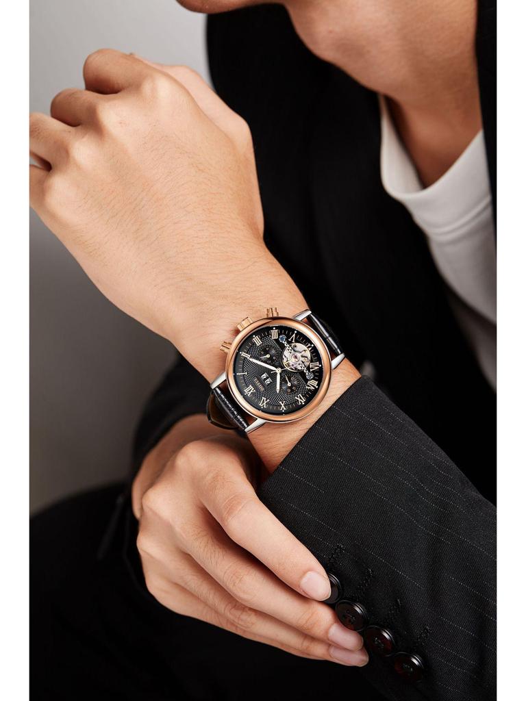Herren Vollautomatische Multifunktionsuhr mit Lederarmband und Kalender