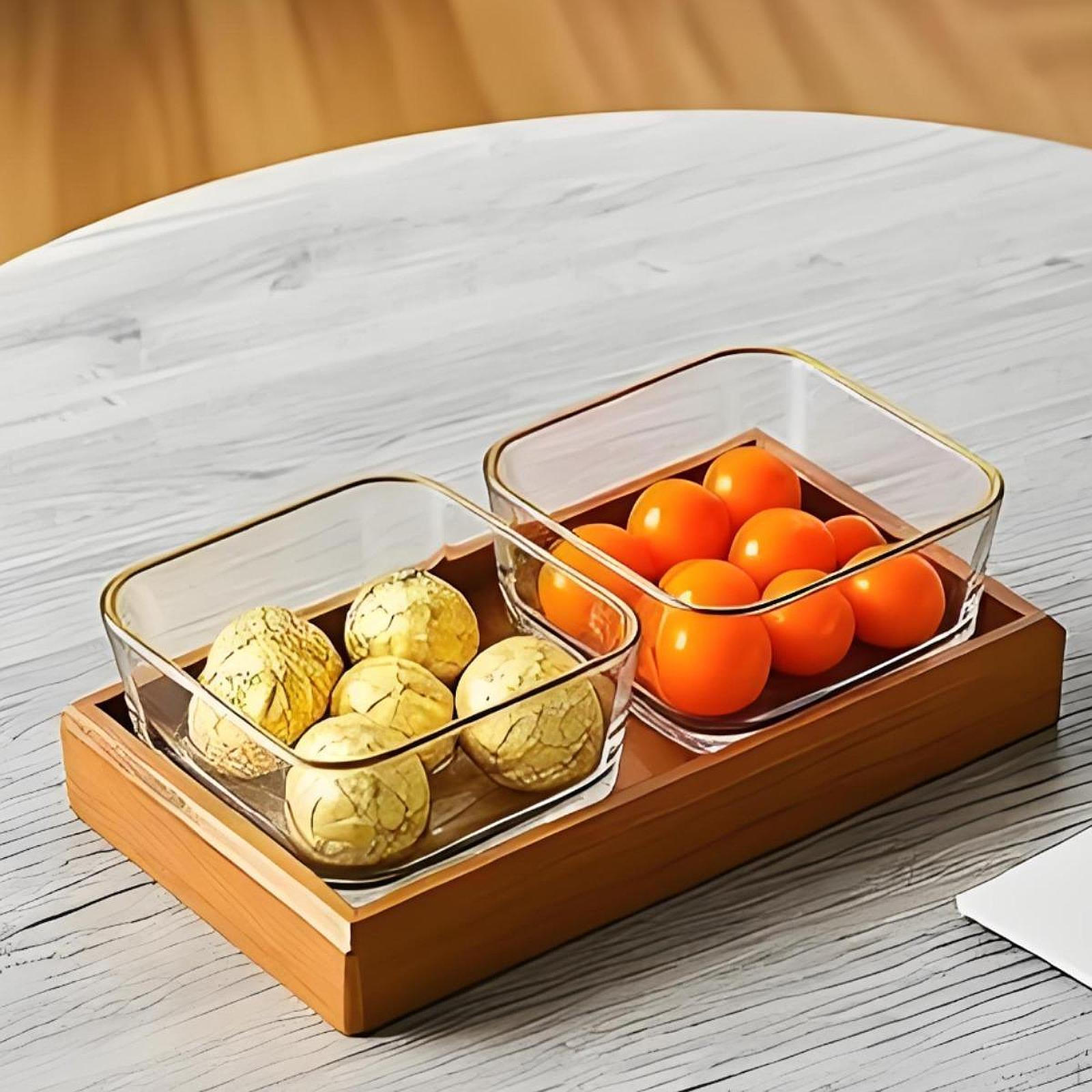 Стеклянные сервировочные блюда с деревянным поддоном, 2 отделения, для закусок, демонстрации еды, снеков