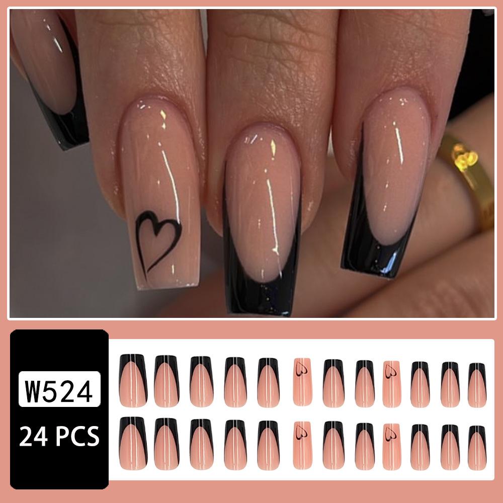 24-Piece Box of Medium-Long Black French Heart Press-On Nails