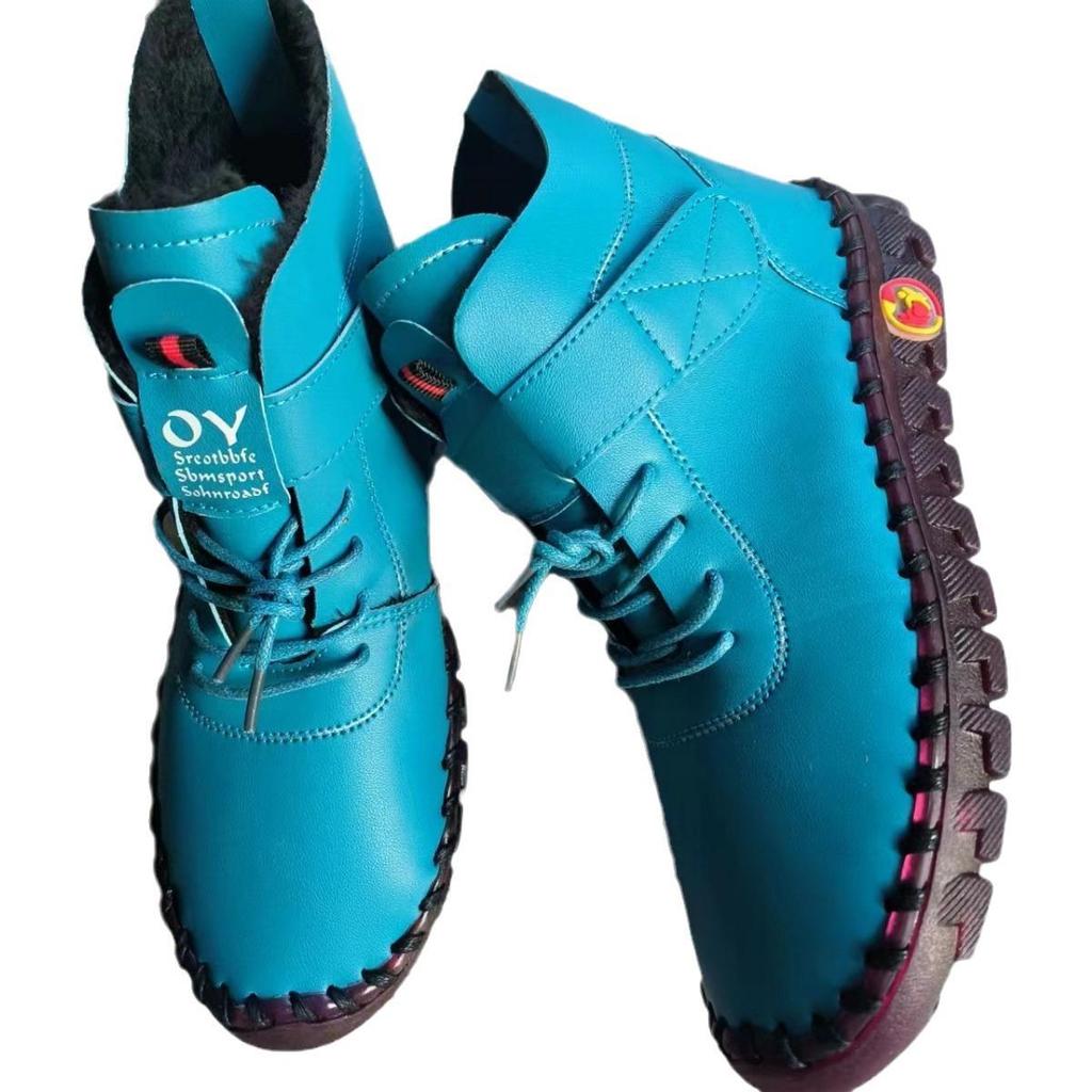 Women's Large Cotton Hand-Stitched Plush Warm Short Boots with Thick Cowhide Soles - Soft and Comfortable.