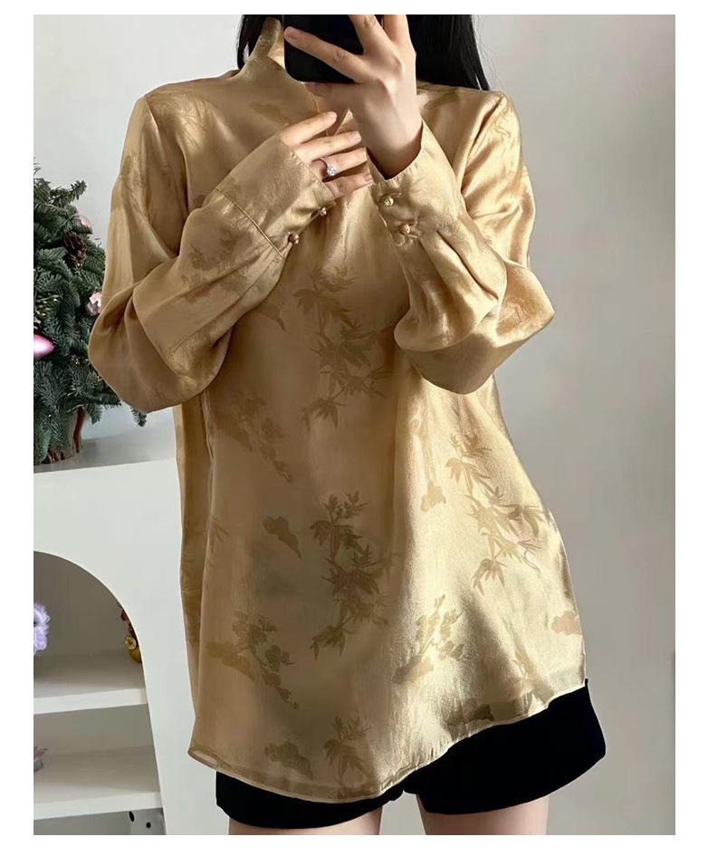 Rongtai Women's Elegant Spring 2026 Jacquard Dark Pattern Loose Shirt with Half-Open Collar