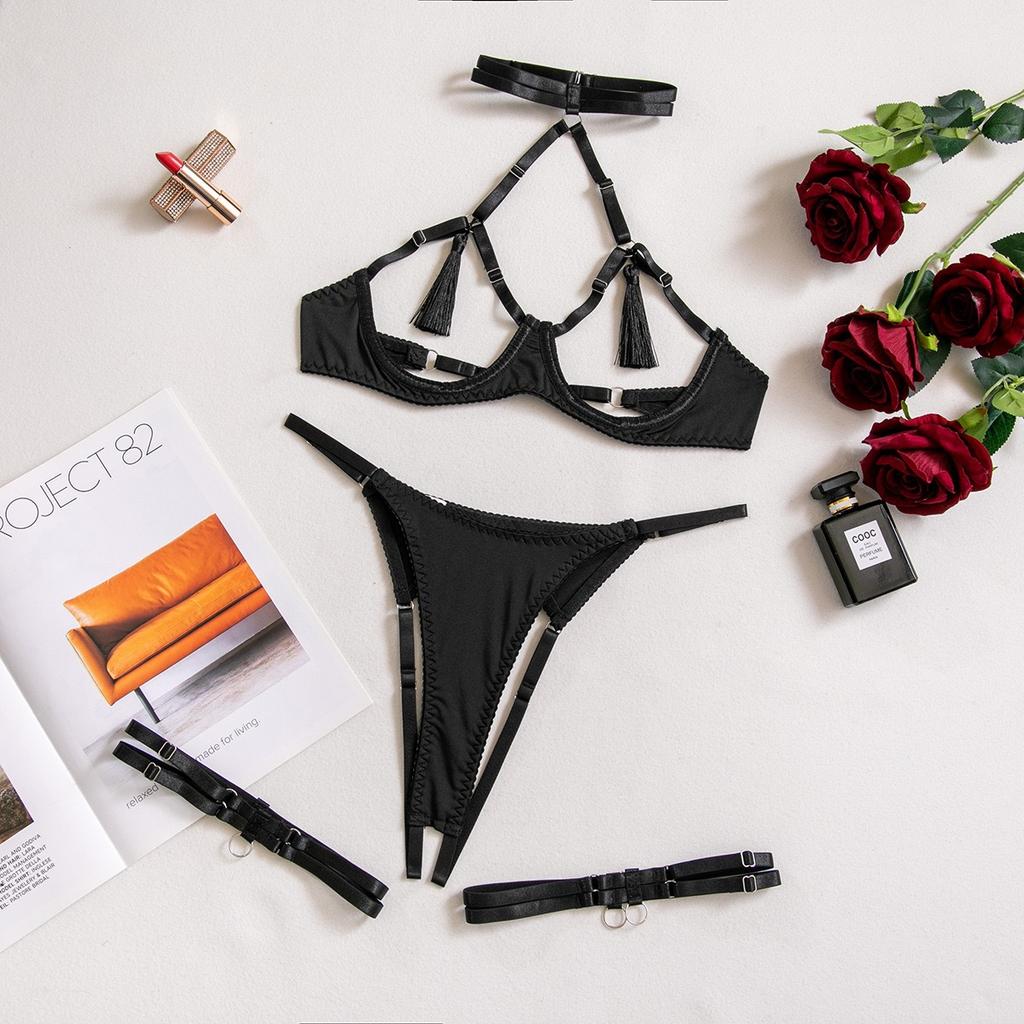 3 Parça Siyah Sutyen Seti Kadın Patchwork Mesh iç çamaşırı seti Bayanlar Seksi Külot İç Seti