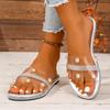 Rhinestone Plus Size Flats Women's Summer New Round Toe Pearl Sheer Belt Soft Sole Lightweight Flip Flops