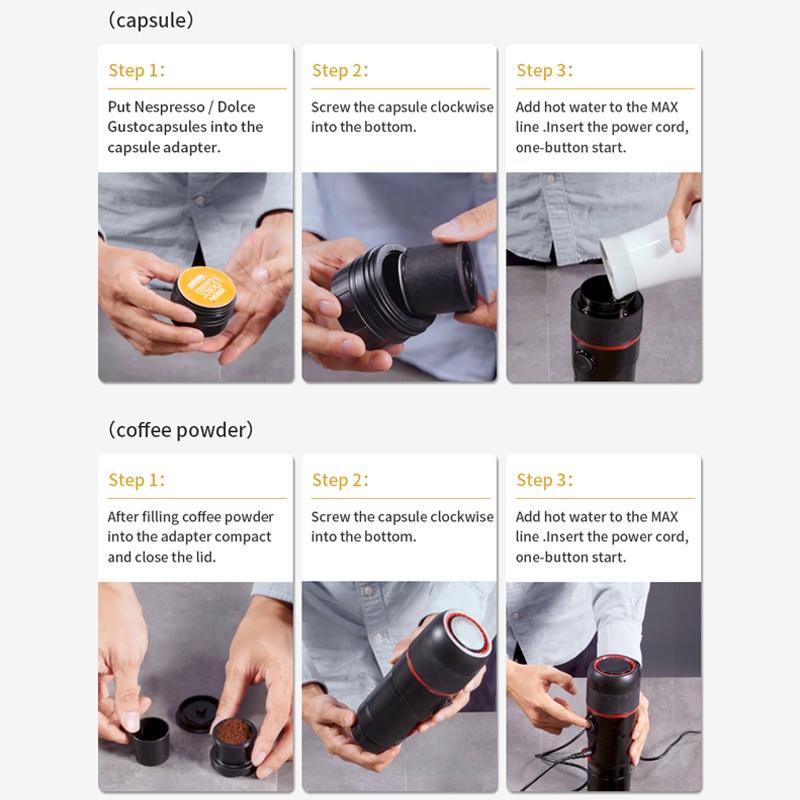 Multifunctional Three-In-One Portable Car Travel Coffee Machine Capsule DC12V with USB Charging Cable AC Adapter 60ml