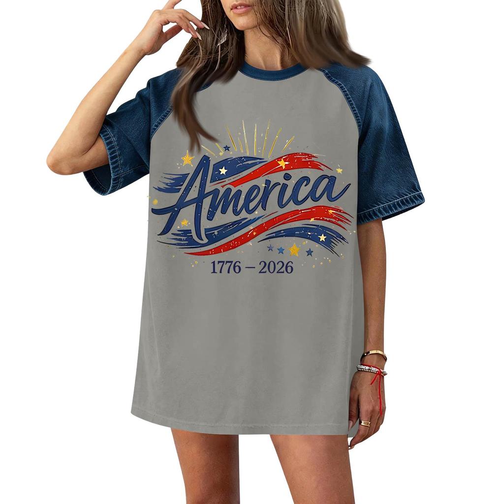 Women's Casual Short Sleeve T-Shirt Denim Patchwork Top 250th Independence Day Graphic Print Comfortable Fit Relaxed Style
