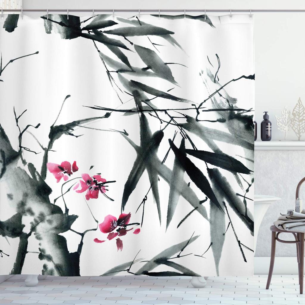 Japanese Ceramic Handicraft Waterproof Polyester Fabric Waterproof Polyester Fabric Bathroom Curtain 180 X 200cm with 12 Hooks