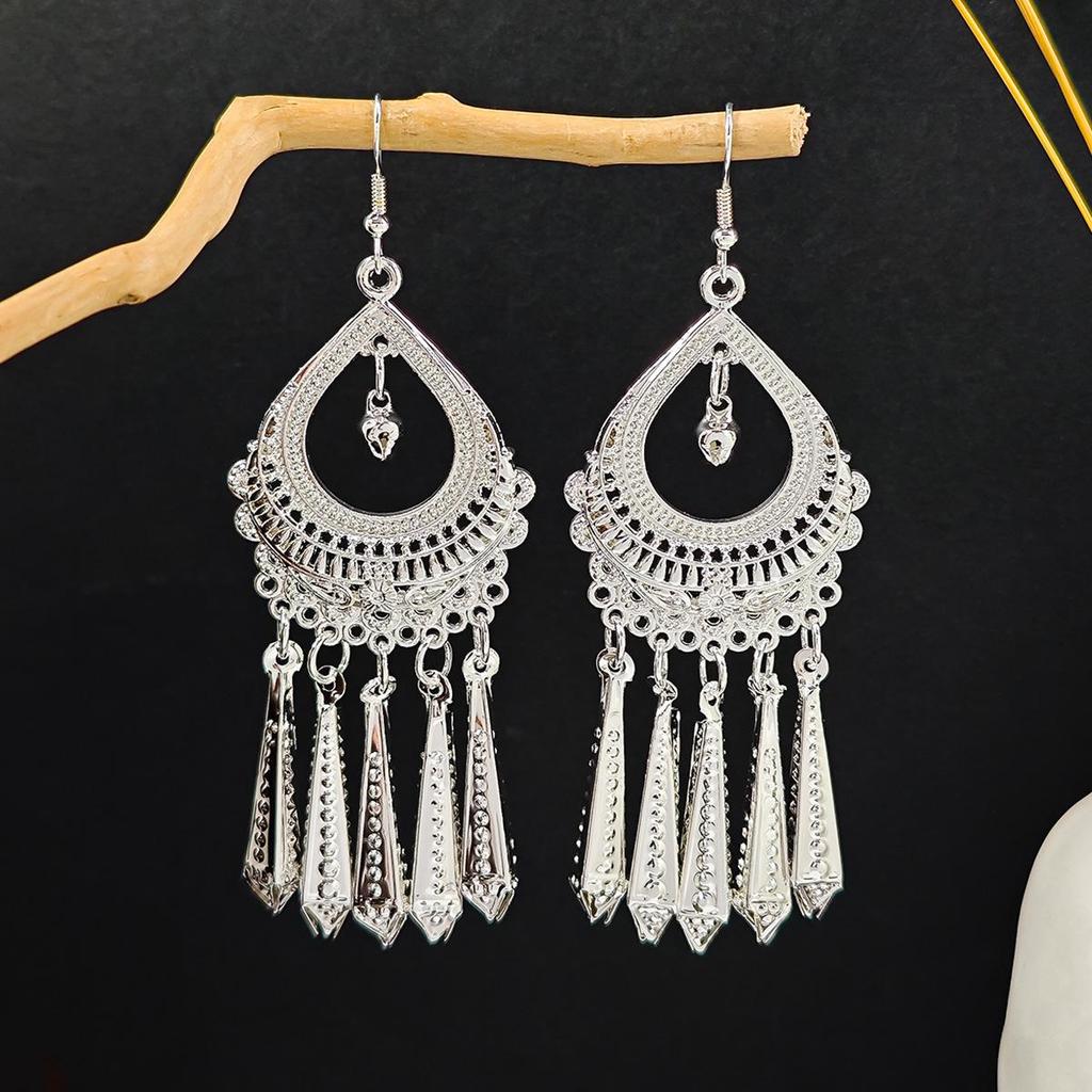 Imitation Miao Silver Ethnic Long Leaf Tassel Dangle Earrings