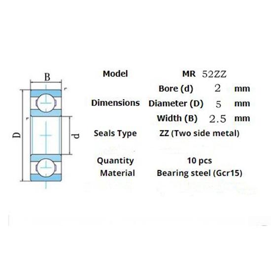 Μινιατούρα Ρουλεμάν MR52ZZ 10 Τεμάχια 2*5*2,5(mm)
