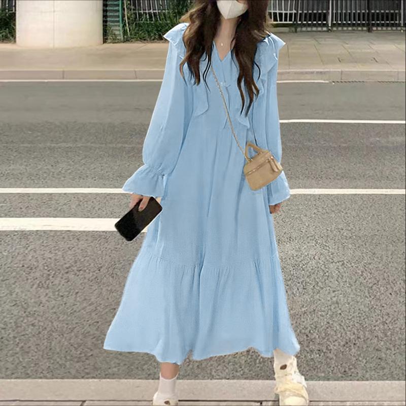 ZANZEA Women Casual V-Neck Solid Color Loose Long Sleeve Dress
