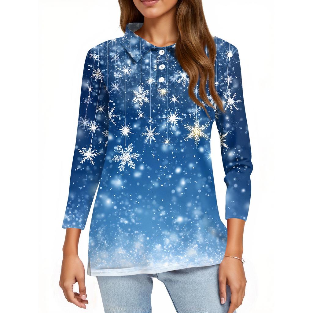 Mote dame casual revers kort 3/4 ermet juleprint skjorte dame knapp opp topper