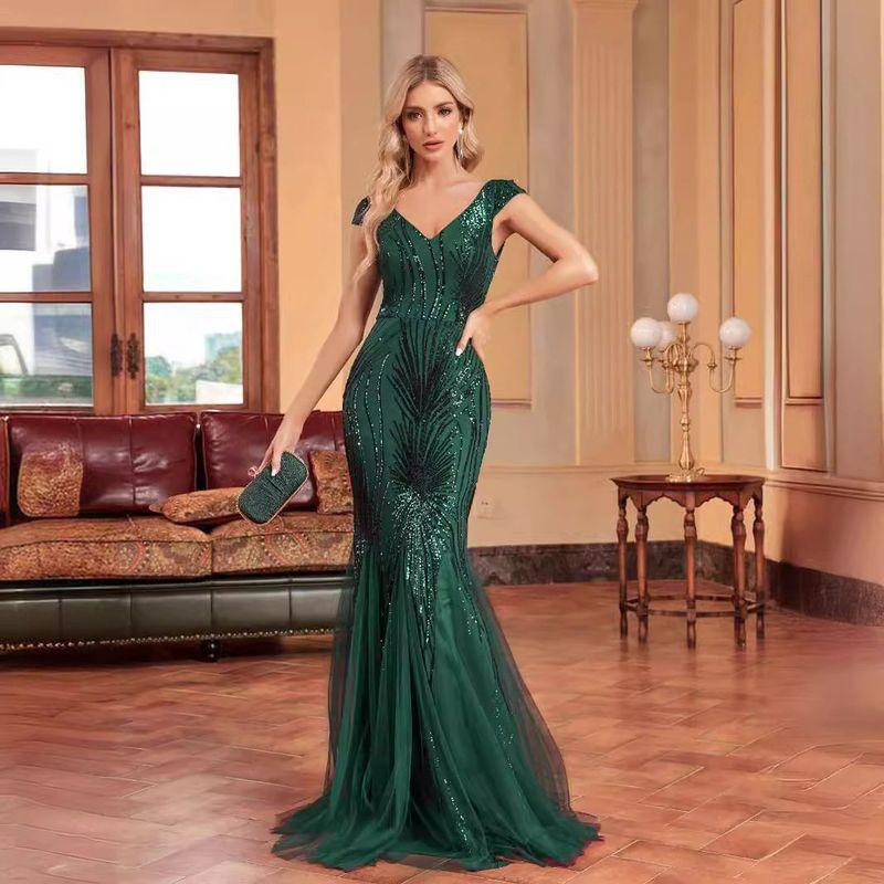 European and American New Style Slim Fit Fishtail Sequin Dress Long Bridesmaid Banquet Evening Dress Women's Party Dress Blue