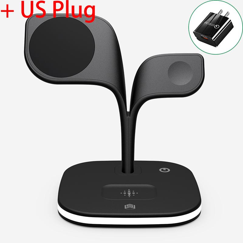 

Держатель беспроводного зарядного устройства 3 в 1 для Iphone 12 13 14 Pro Max, зарядная станция с магнитной индукцией для Apple Watch Airpods с ночной подсветкой Black with US чёрный