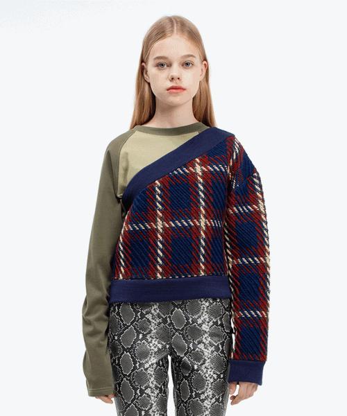 Fake Mama Check Asymmetrical Top [Navy] Navy