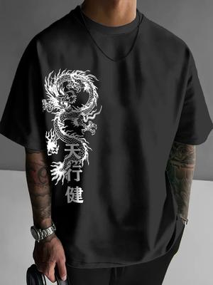 Sommer Drachen Print Muster Herren T-Shirt Locker Street Style Reine Baumwolle Weicher Stoff Vielseitig Trendig und Bequem