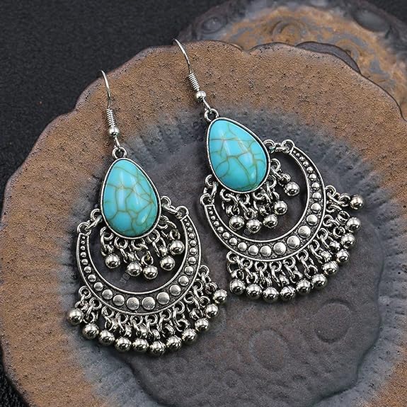 Valentinstagsgeschenk, oxidiertes Silber, schwarzes Metall, Messing und türkisfarbener Magnesitstein, hängende Traumfänger-Ohrringe für Frauen/Mädchen (blau)