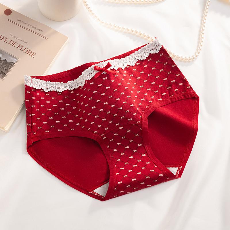 Women's Spring and Autumn Year Red Floral Pure Cotton 10A Extended Middle Waist Triangle Briefs