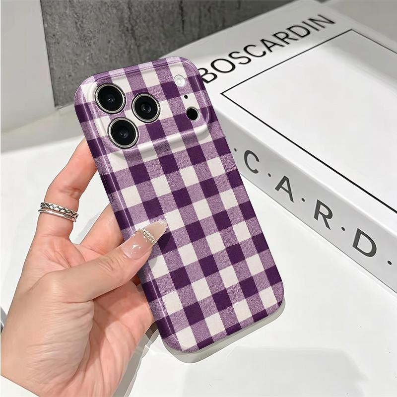 Classic Violet Gingham Plaid Checker Pattern Graphic Art Film Aesthetic Protective Shockproof Bumper Phone Case Cover For iPhone 14 15 16 Pro Max Plus