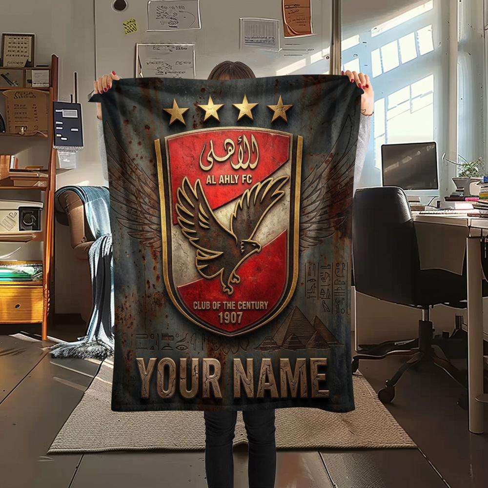 Custom Name Al Ahly SC Flannel Blanket, High quality Comfortable for All Seasons, Home Decor, Warmth and Comfort