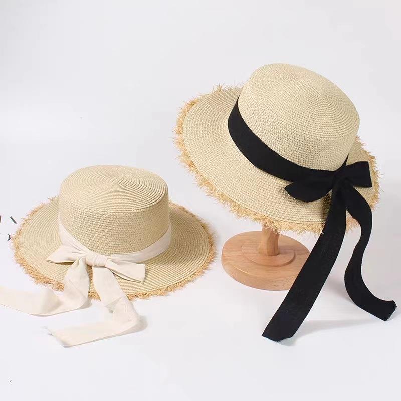 Women's Summer Japanese Style Versatile Frayed Edge Straw Hat Flat Top Vacation Outing Woven Sun Hat Bowknot Sunshade Beach Hat