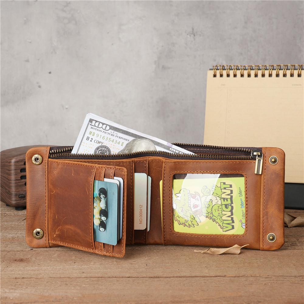 1147 Vintage Minimalist Crazy Horse Leather Wallet - Distressed Cowhide Zipper Design for Men & Women.