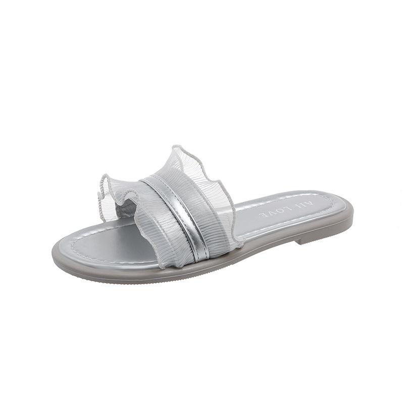 

Нежные волшебные ветры женские односложные тапочки 2024 года лето новые французские милые оборки по краю универсальные классные тапочки женские 35 серебряный