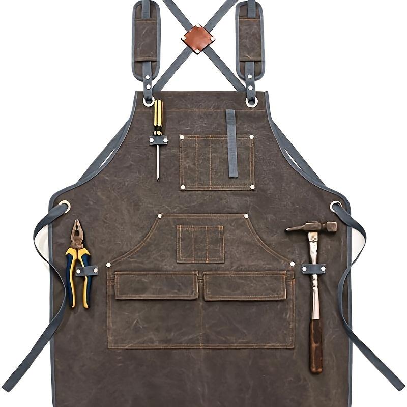 Durable Cotton Canvas Apron w/ Pockets for Woodworking, Electrician, Gardening. Adjustable Leather Straps & Metal Buckles.