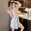 Spring and Summer Ladies Pajamas Printed Lily Ice Silk Pajamas Sexy Lace Suspender Loungewear
