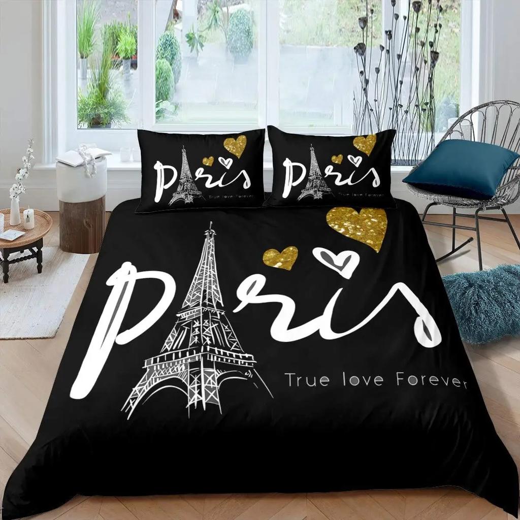 Eiffeltårnet Dynetrekk Set King/Queen Size Paris Theme Sengetøysett Jenter Tenåringer,Famous French Grey Byscape Style Dynetrekk