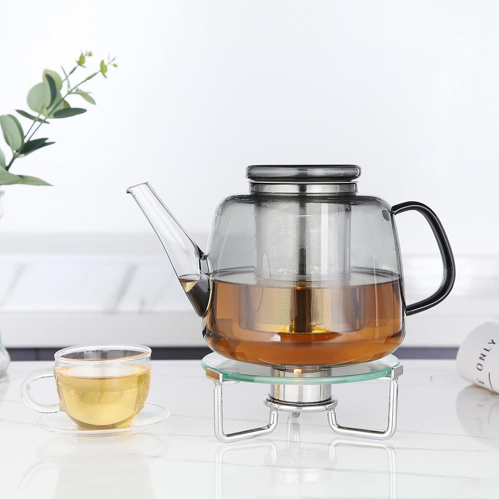 Easyworkz 1500ml Borosilicate Glass Teapot with Large Stainless Steel Strainer for Fruit, Herb, and Infusion Teas, Smoke Gray