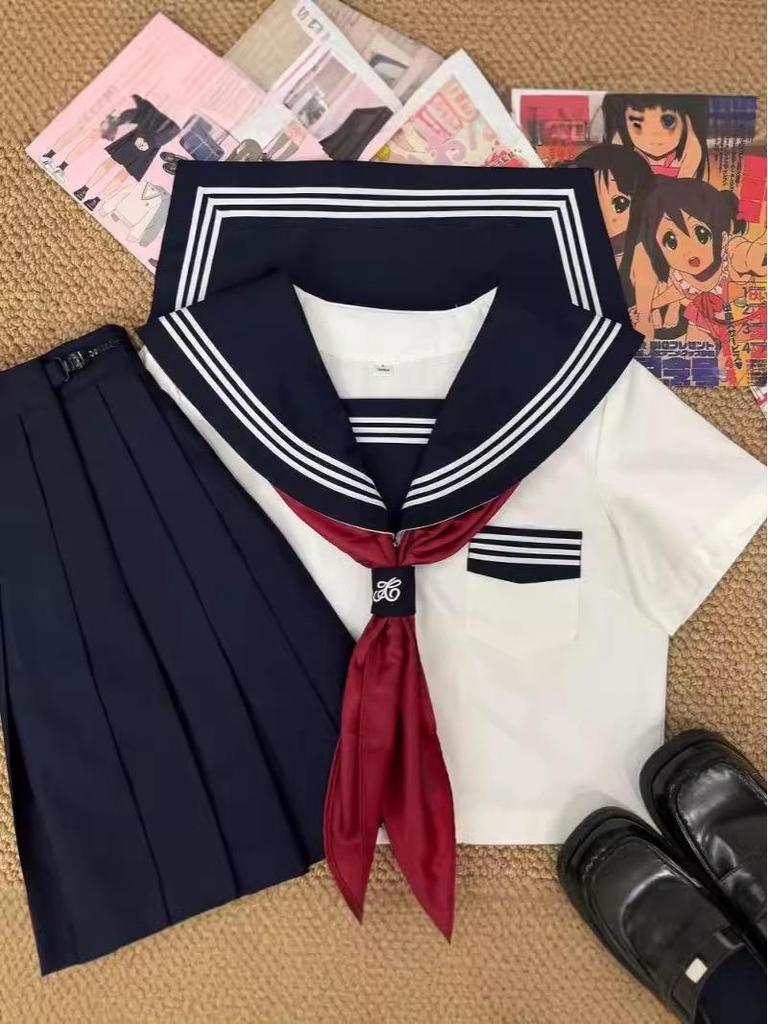 Enhanced White Three-Piece Japanese JK Sailor Suit Pleated Skirt Set - Academy Style Uniform
