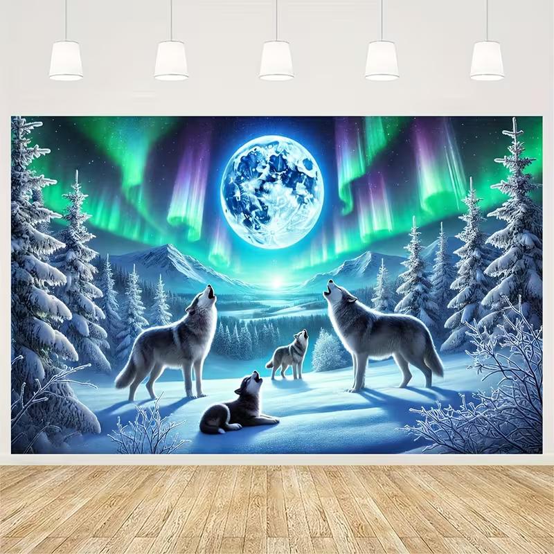 2D Full Moon Wolves Tapestry Northern Lights Photography Background