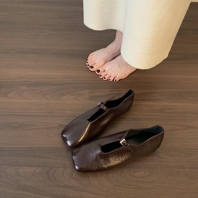 Vintage soft leather! Burgundy square-toed leather shoes women's summer low-heeled pump-mouthed Mary Jane single shoes