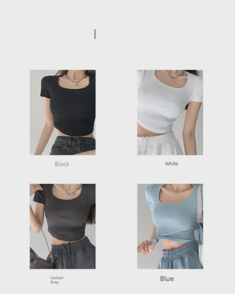 Women's Korean Style Slim Fit Wide U-Neck Crop Top - Solid Color, Short Sleeve, Oversized, Summer Layer.