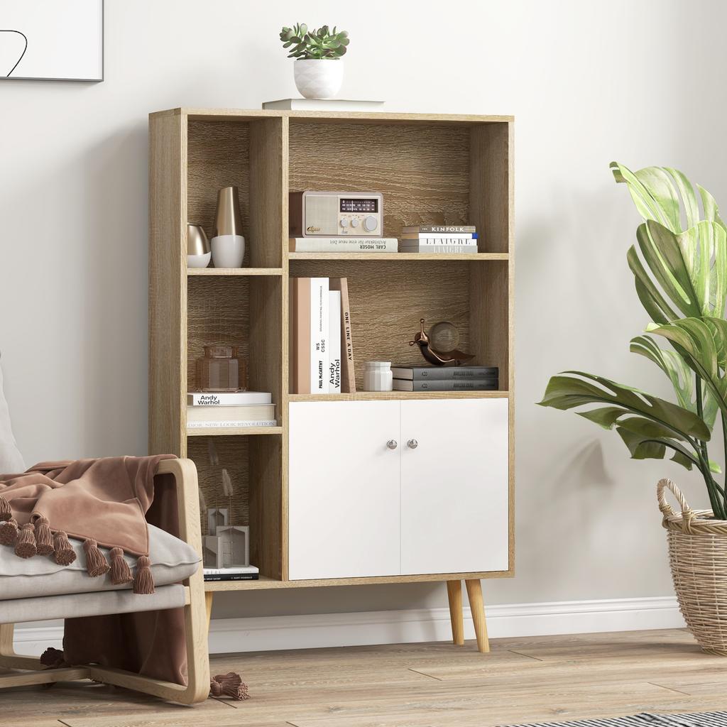 Scandinavian bookcase storage unit dim. 80L x 23.5W x 123H cm 5 open compartments 2-door cupboard tapered slanted legs