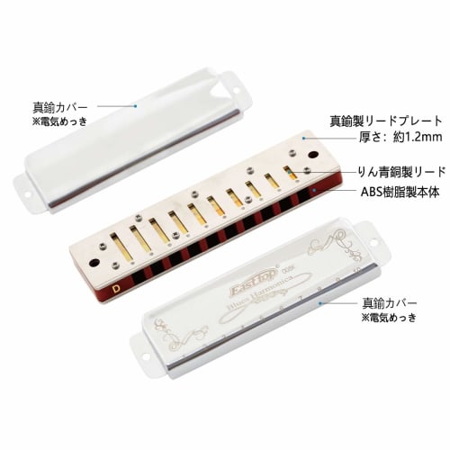 East Top 10-Hole Blues Harmonica In D Key, 20 Tones, Brass Cover, Canvas Case, and Cleaning Cloth, Ideal for Beginners and Professionals, Studying, an