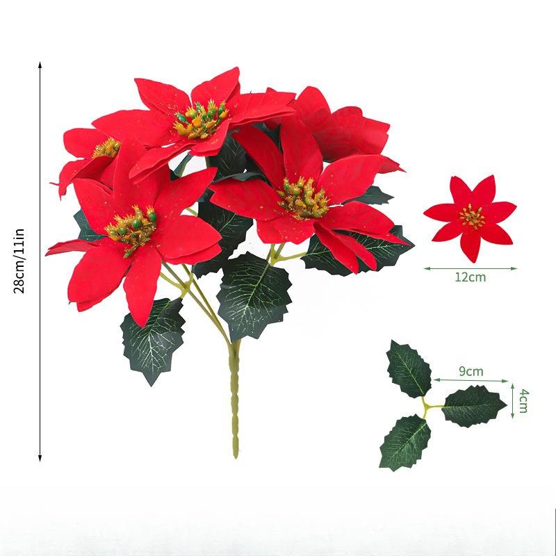 Christmas Flower Fake Flower Christmas Decoration, Flannel Green Plant Potted Christmas Ornament Christmas 5 Fork Artificial Flower
