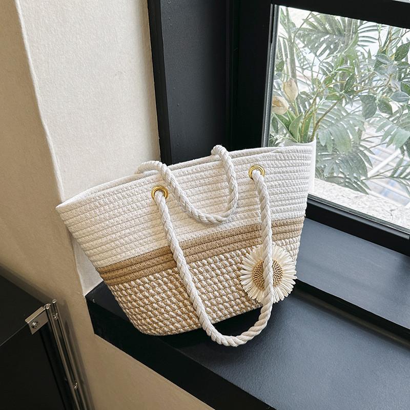 Chic And Fashionable Woven Bucket Bag For Women Ideal For Daily Use And Beach Trips Khaki Woven Flower
