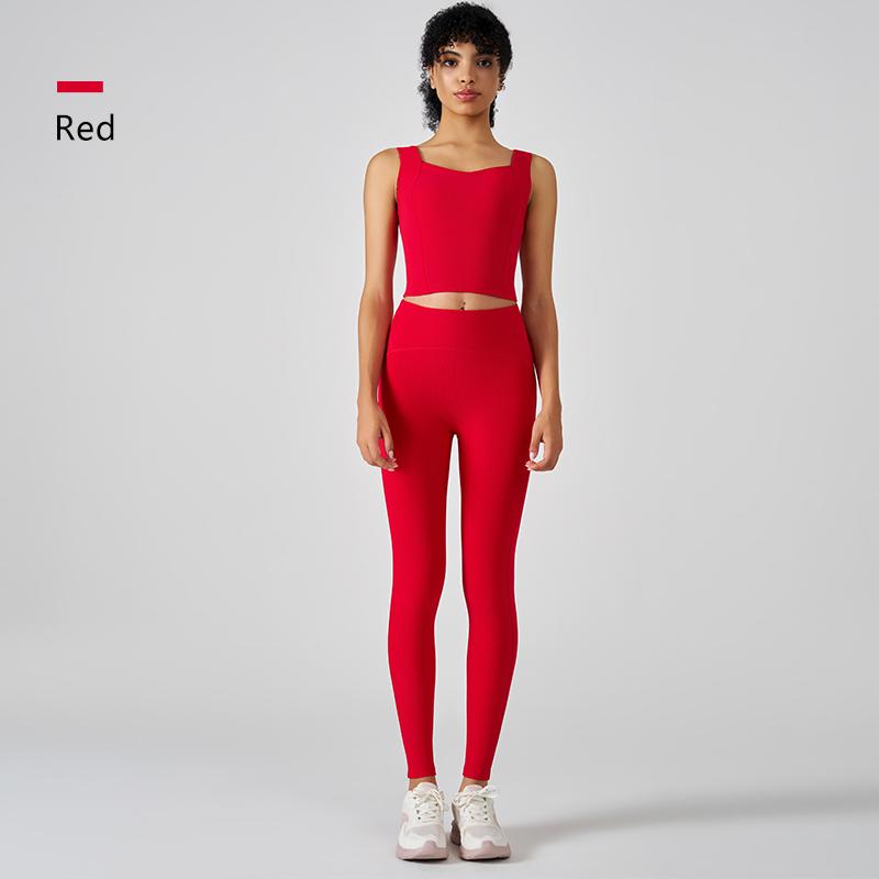 States Women's Yoga Suit Pants Ribbed Square Neck Sleeveless Undershirt Sports Fitness Clothing