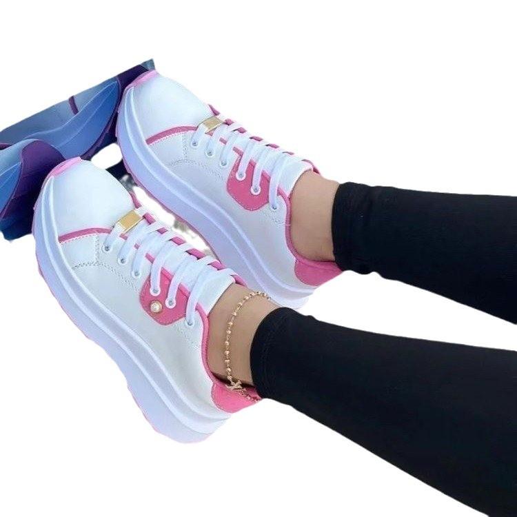 Thick-soled sports women's spring and autumn large size solid color round head light mouth lace-up outer wear casual board shoes