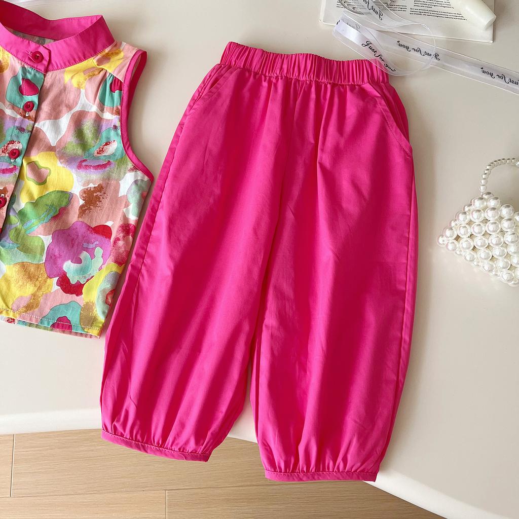 Girls' Summer Set Korean Printed Sleeveless Round Neck Suit Shirt and Pants Set Girls' Casual Two-piece Set